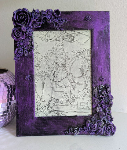 5 x 3.5" Portrait Picture Frame. Hand Painted metallic purple and Embellished With Roses, Skulls and Snakes. Gothic Home Decor Gift