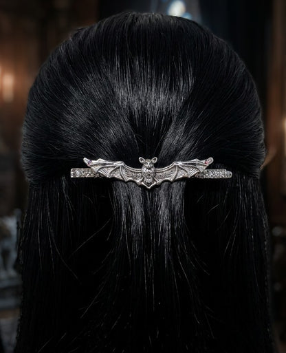 Handmade Bat Hair Slide in Silver Tone Metal and Iridescent Diamantes. Cute Gothic Hair Accessory