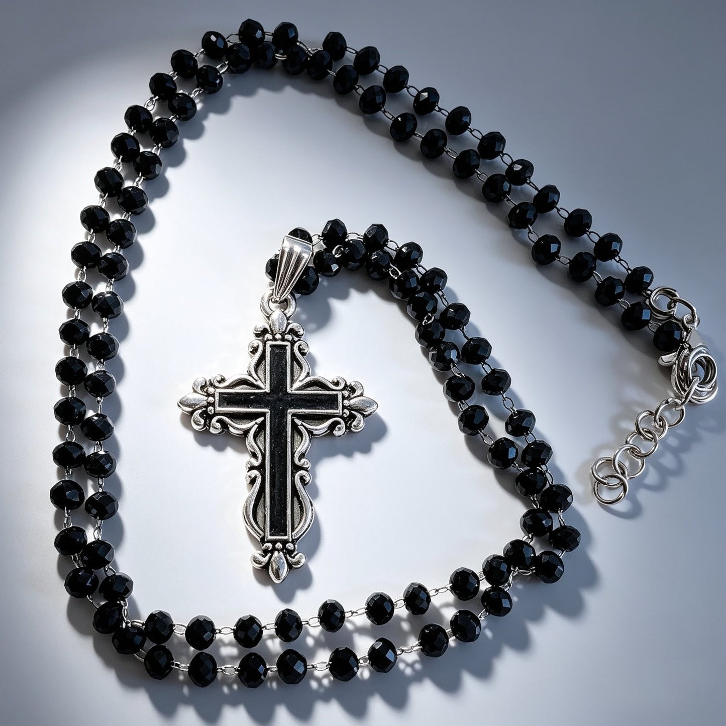 Handmade Black Austrian Crystal Ornate Cross Pendant Necklace and Drop Earrings Boxed Gothic Gift Set