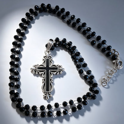 Handmade Black Austrian Crystal Ornate Cross Pendant Necklace and Drop Earrings Boxed Gothic Gift Set