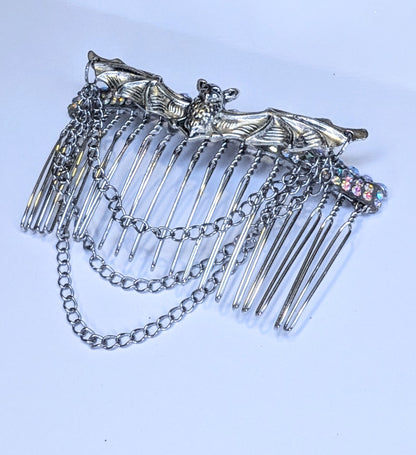 Handmade Silver Metal-Tone Gothic Bat, Chains, and Diamante Decorative Hair Comb. Prom Wedding Gothic Accessory