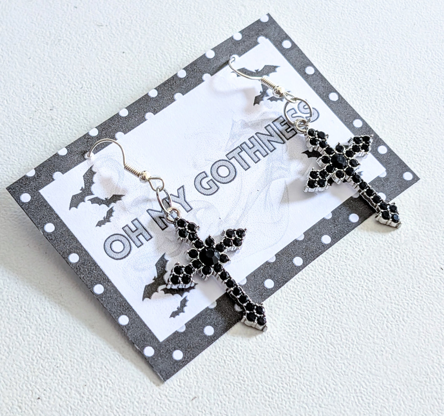 Handmade Black Diamante Cross Crucifix Dangle Drop Earrings. Goth Y2K Gift