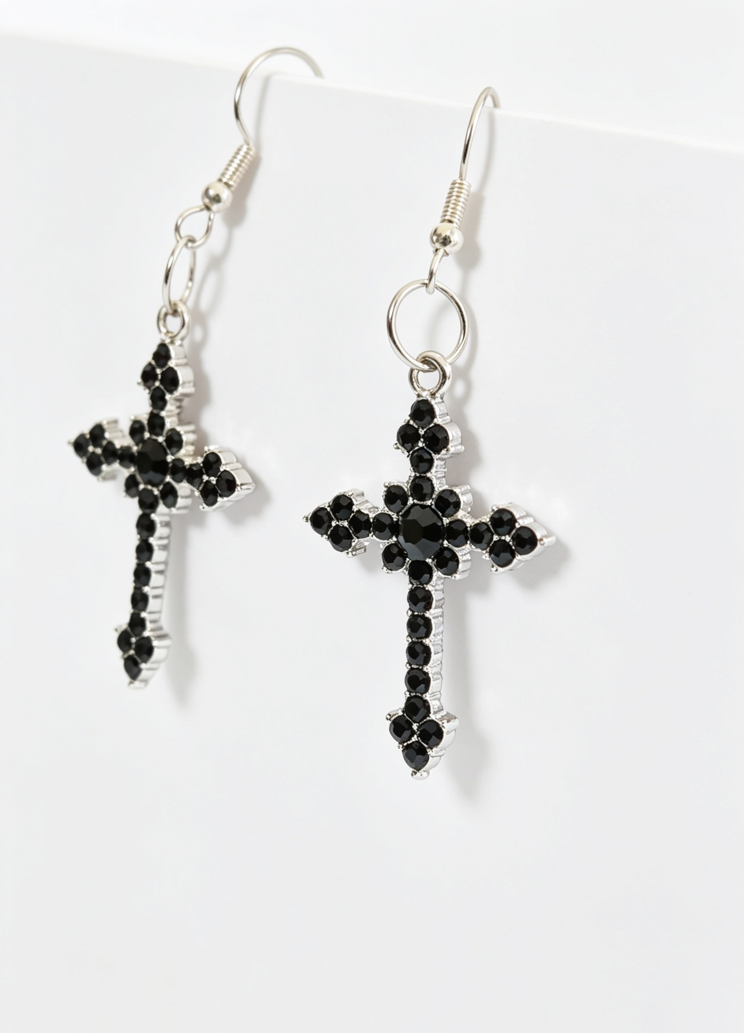 Handmade Black Diamante Cross Crucifix Dangle Drop Earrings. Goth Y2K Gift