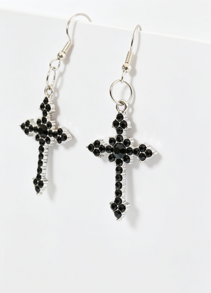 Handmade Black Diamante Cross Crucifix Dangle Drop Earrings. Goth Y2K Gift