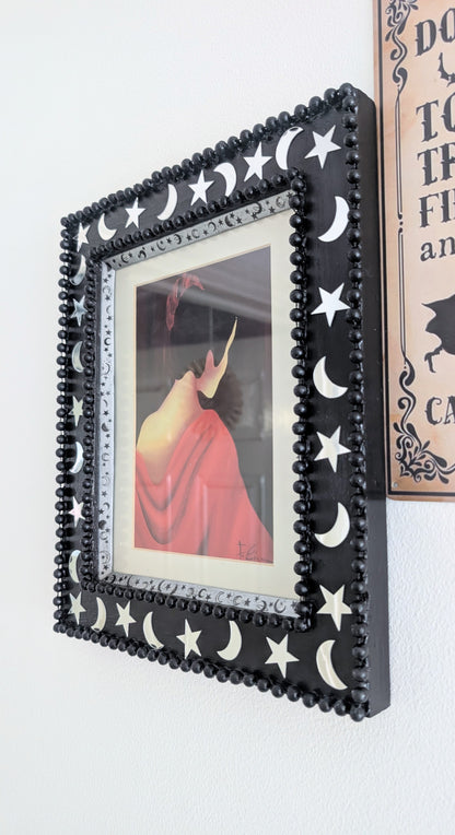 8 x 10" Portrait Wall Hanging Picture Frame. Hand painted Black and Embellished with Mirror Moon and Stars. Goth Home Decor Gift