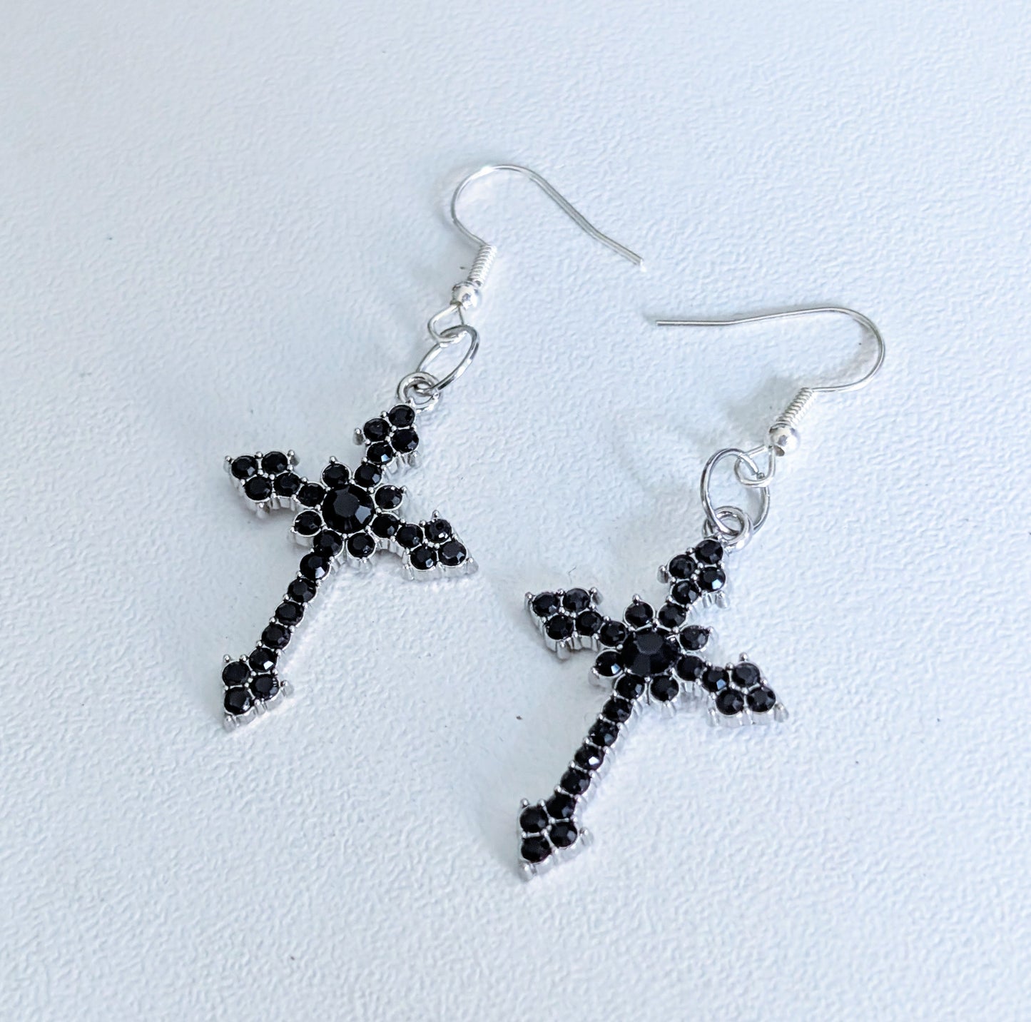 Handmade Black Diamante Cross Crucifix Dangle Drop Earrings. Goth Y2K Gift