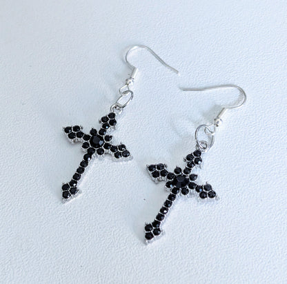 Handmade Black Diamante Cross Crucifix Dangle Drop Earrings. Goth Y2K Gift