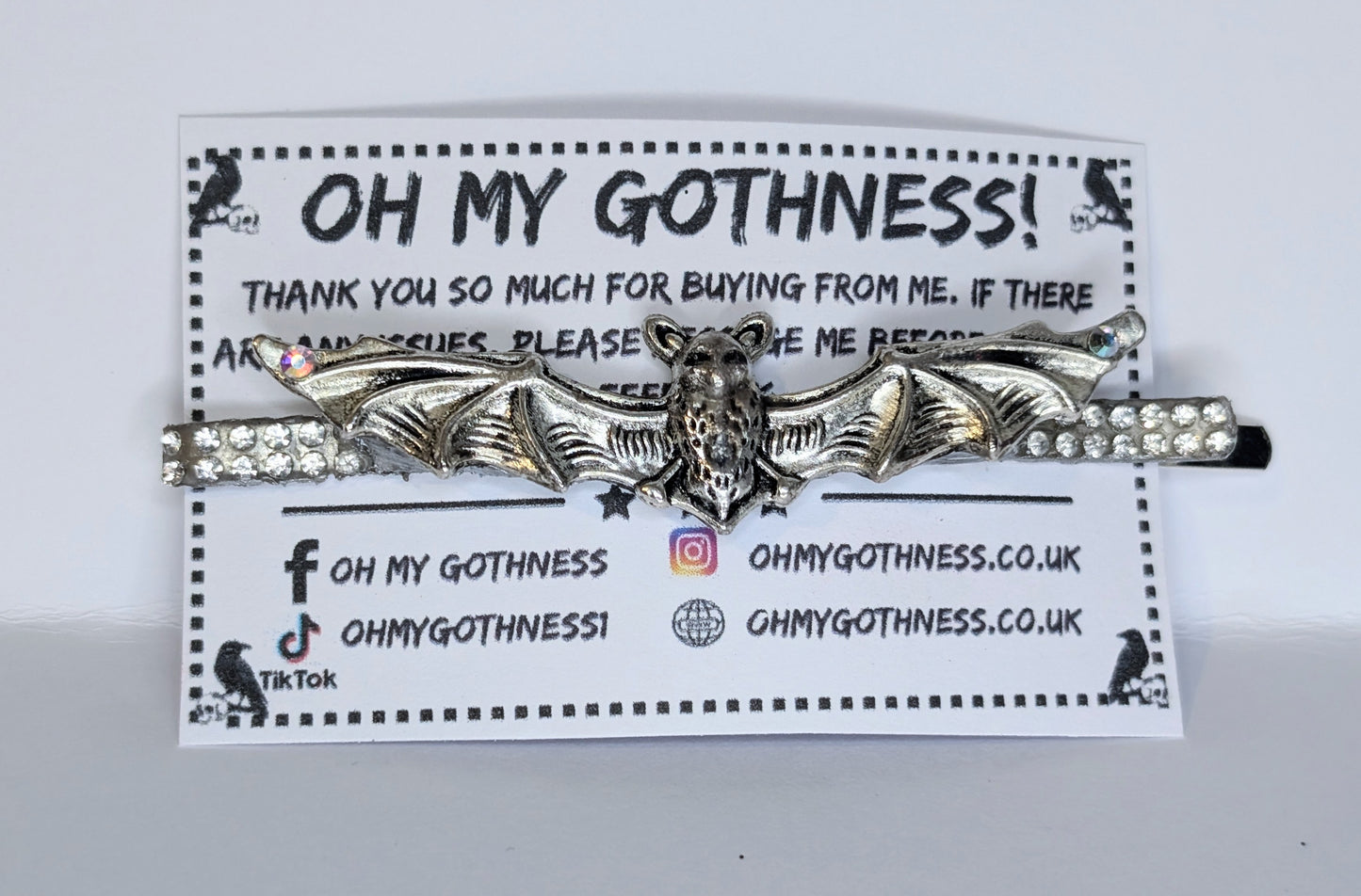 Handmade Bat Hair Slide in Silver Tone Metal and Iridescent Diamantes. Cute Gothic Hair Accessory