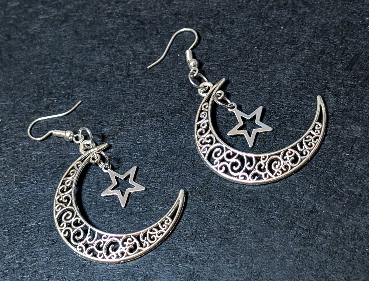 Gothic Hand Made Decorative Moon & Star Dangle Drop Earrings.