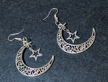 Gothic Hand Made Decorative Moon & Star Dangle Drop Earrings.