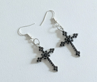 Handmade Black Diamante Cross Crucifix Dangle Drop Earrings. Goth Y2K Gift
