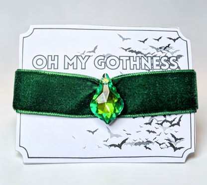 Hand Made Bottle Green Velvet Choker, with Drop Crystal Pendant. Victorian Gothic Gift