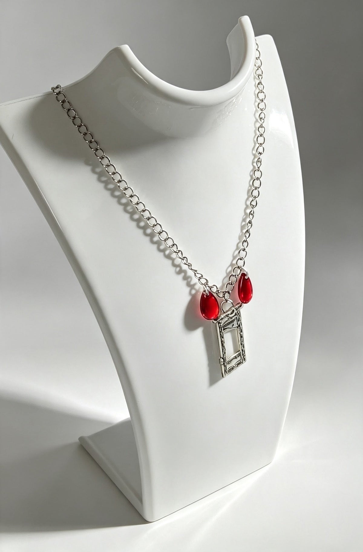 Handmade Guillotine Pendant and red drop Beads Necklace. Goth Teen Gift