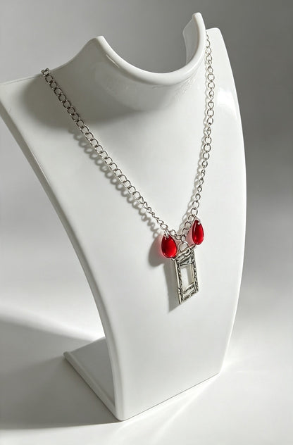 Handmade Guillotine Pendant and red drop Beads Necklace. Goth Teen Gift
