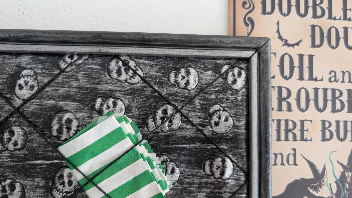 Memo pin board Black Silver Skulls. Gothic Horror Home Decor