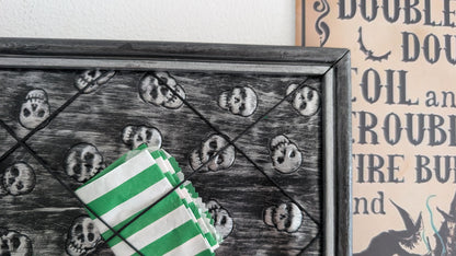 Memo pin board Black Silver Skulls. Gothic Horror Home Decor