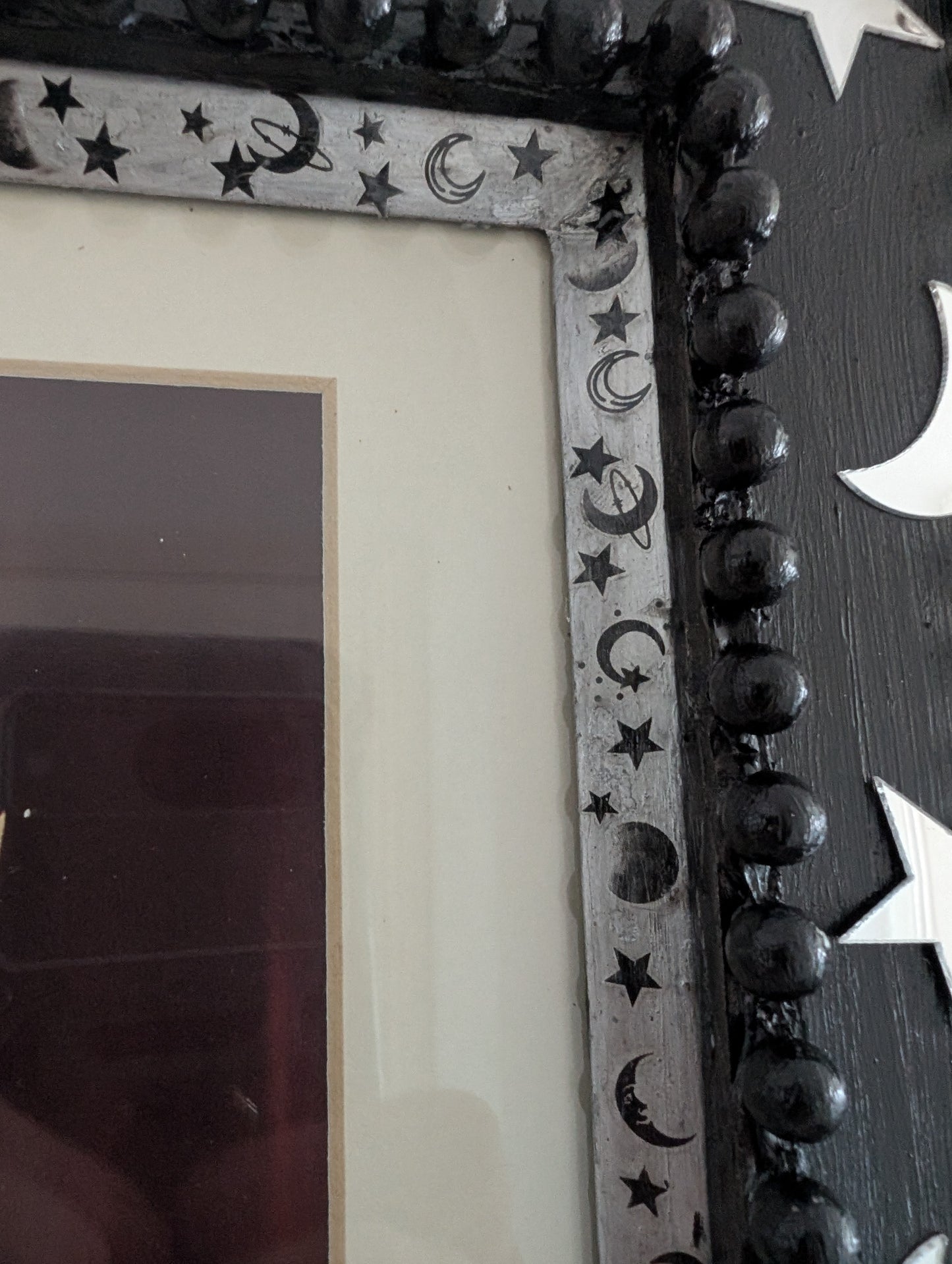 8 x 10" Portrait Wall Hanging Picture Frame. Hand painted Black and Embellished with Mirror Moon and Stars. Goth Home Decor Gift