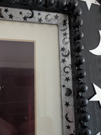 8 x 10" Portrait Wall Hanging Picture Frame. Hand painted Black and Embellished with Mirror Moon and Stars. Goth Home Decor Gift