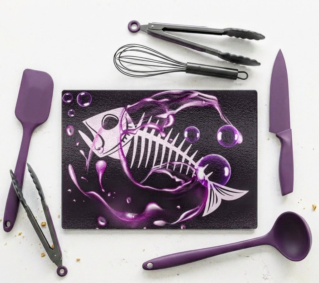 Tempered Glass Chopping Board Purple Fish Skeleton