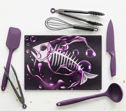 Tempered Glass Chopping Board Purple Fish Skeleton