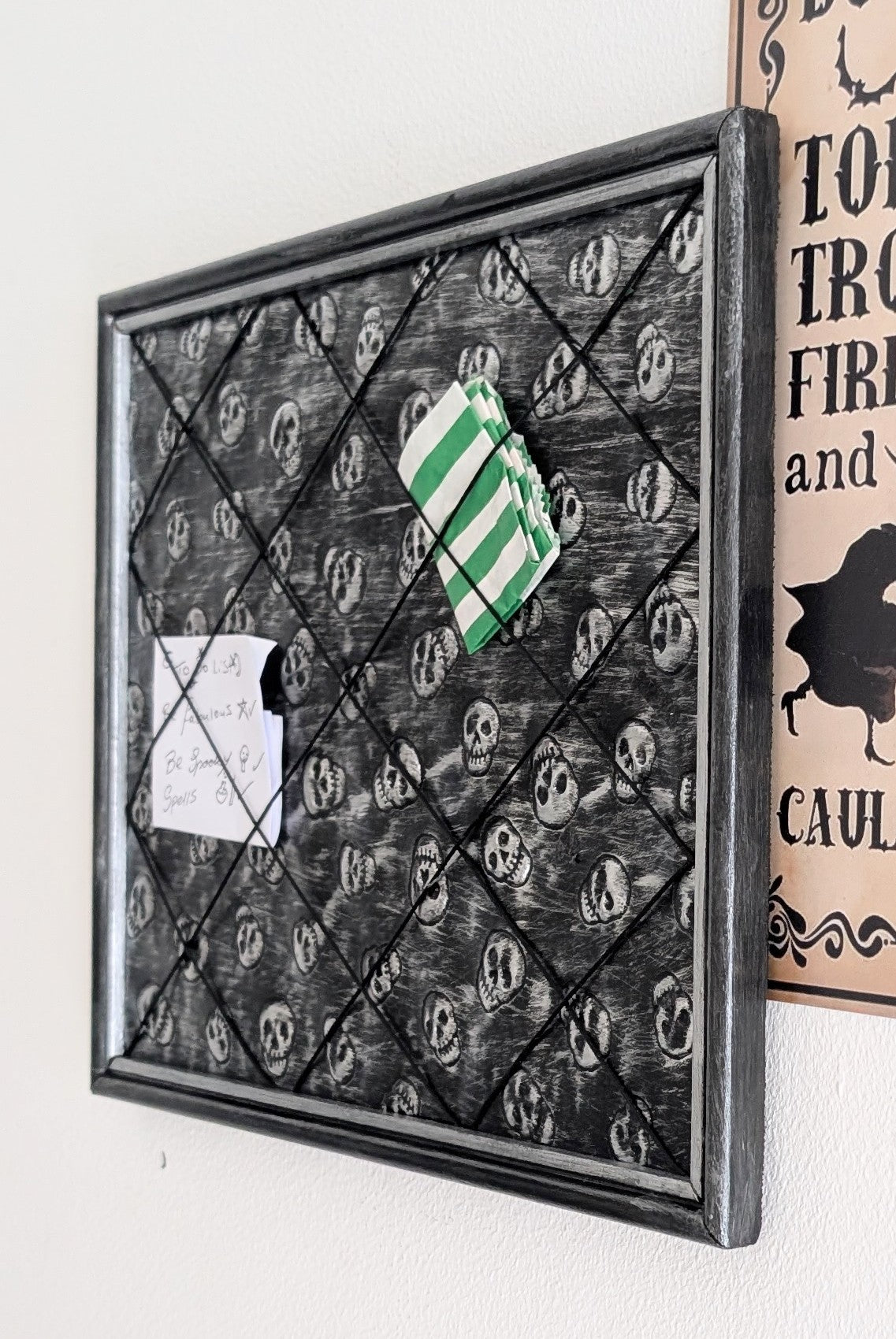 Memo pin board Black Silver Skulls. Gothic Horror Home Decor
