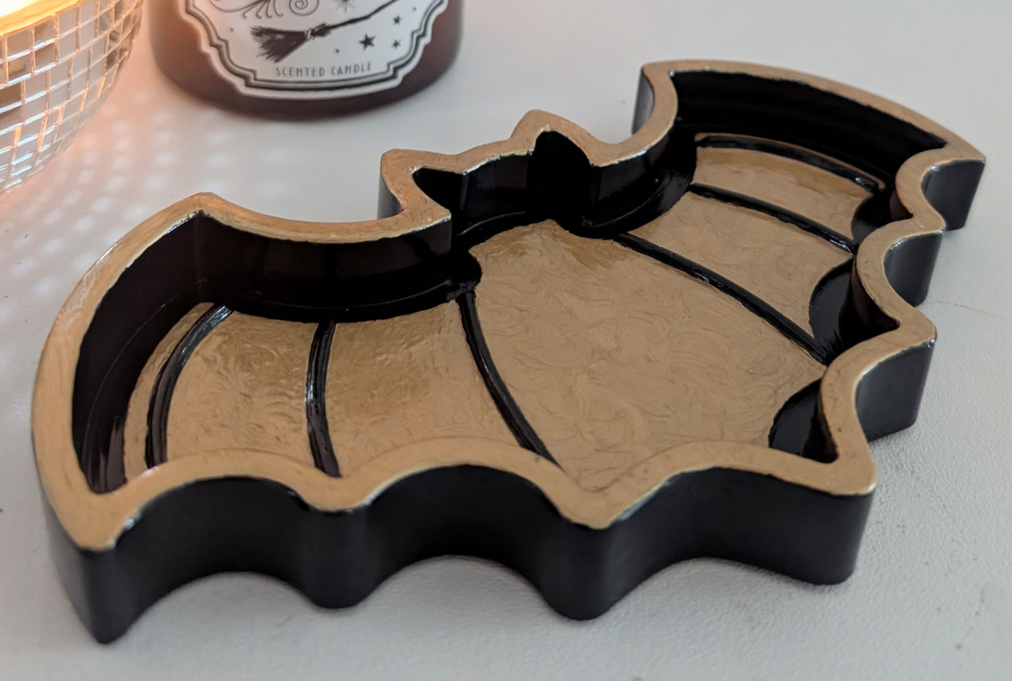 Hand Cast Gold and Dark Blue Bat Jewellery Holder Trinket. Gothic Home Decor