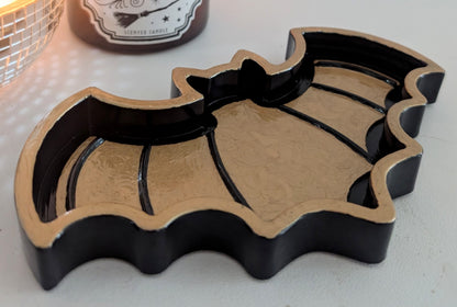 Hand Cast Gold and Dark Blue Bat Jewellery Holder Trinket. Gothic Home Decor