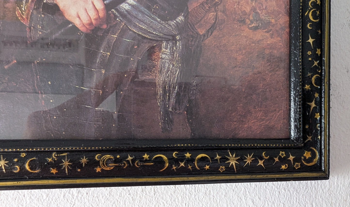 6 x 8 Portrait wall hanging picture frame. Moon and Stars in Black and Gold. Modern gothic home decor