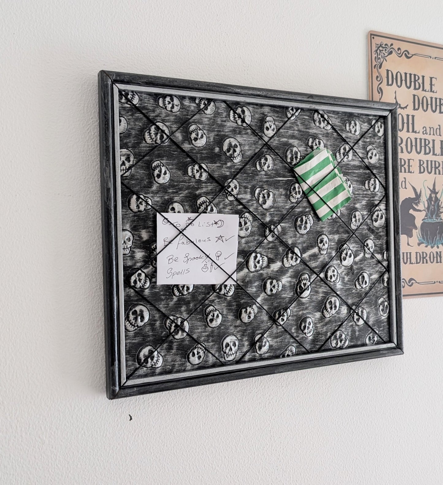 Memo pin board Black Silver Skulls. Gothic Horror Home Decor
