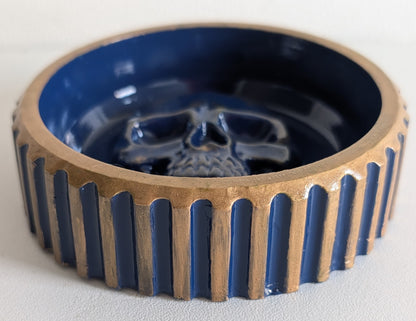 Hand Cast Chunky Blue & Antique Gold Skull Trinket Jewellery Dish Gothic Keepsake