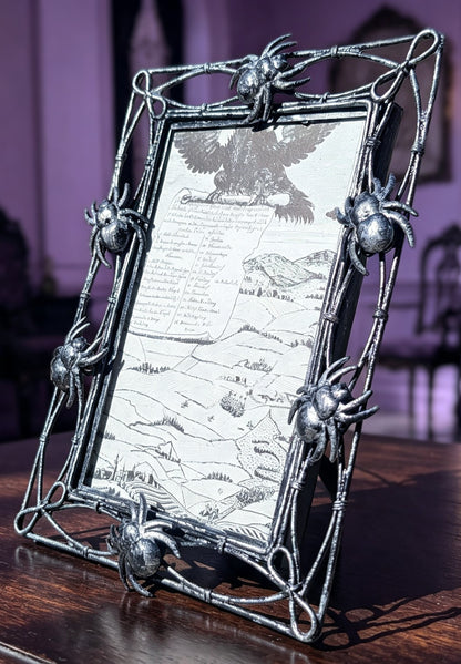 6 x 4" Black and Silver Distressed Metal Picture Frame With Creeping Spiders. Gothic Home Decor