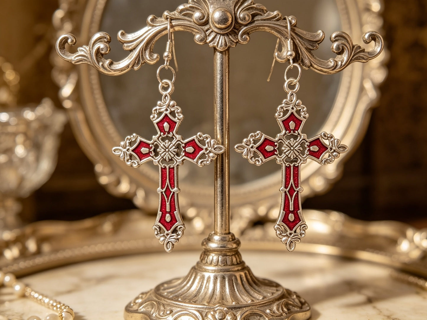 Hand-made red and silver large crucifix drop dangle earrings. Gothic Vampire Gift