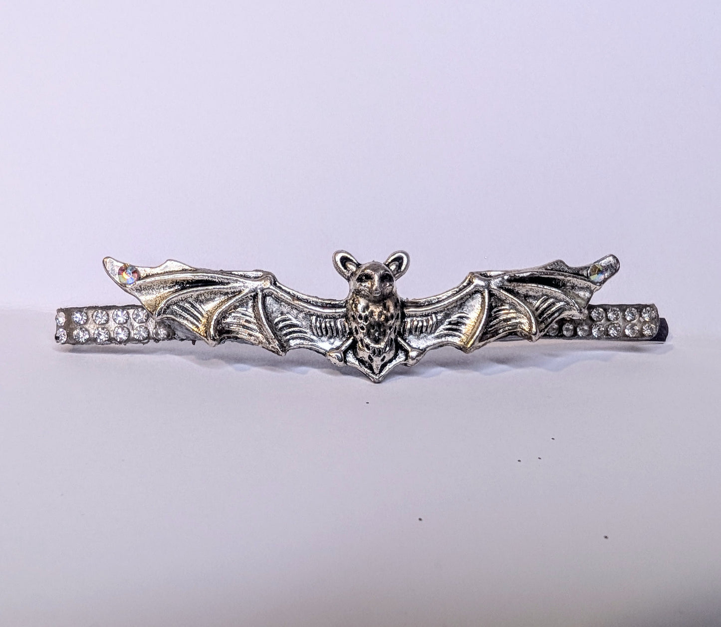 Handmade Bat Hair Slide in Silver Tone Metal and Iridescent Diamantes. Cute Gothic Hair Accessory