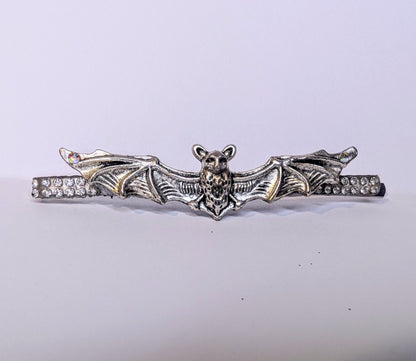 Handmade Bat Hair Slide in Silver Tone Metal and Iridescent Diamantes. Cute Gothic Hair Accessory