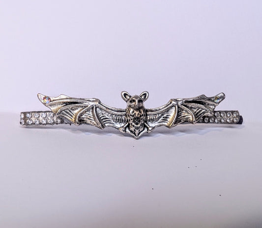 Handmade Bat Hair Slide in Silver Tone Metal and Iridescent Diamantes. Cute Gothic Hair Accessory