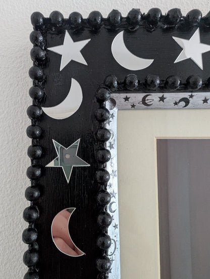 8 x 10" Portrait Wall Hanging Picture Frame. Hand painted Black and Embellished with Mirror Moon and Stars. Goth Home Decor Gift