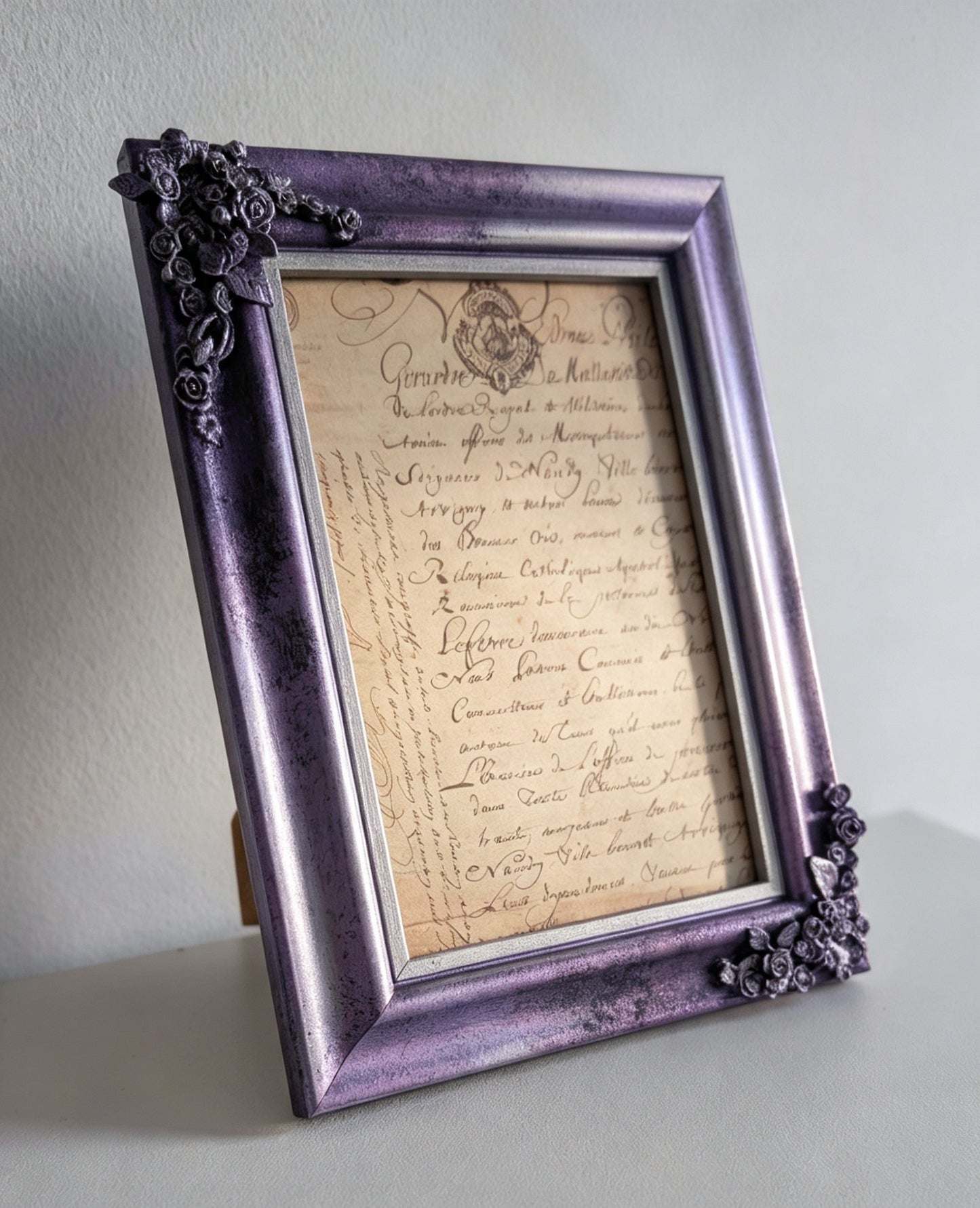 6 x 4" Picture Frame. Metallic Purple and Silver, with Roses, Spiders, Ribcage, and Foliage.