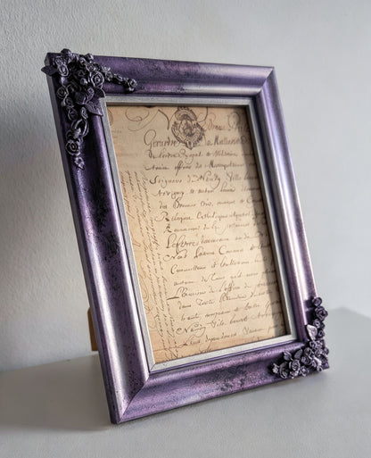6 x 4" Picture Frame. Metallic Purple and Silver, with Roses, Spiders, Ribcage, and Foliage.