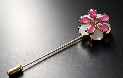 Pink and white Diamante Flower Lapel Pin Set in Gold Tone Metal - Vintage Style Accessory