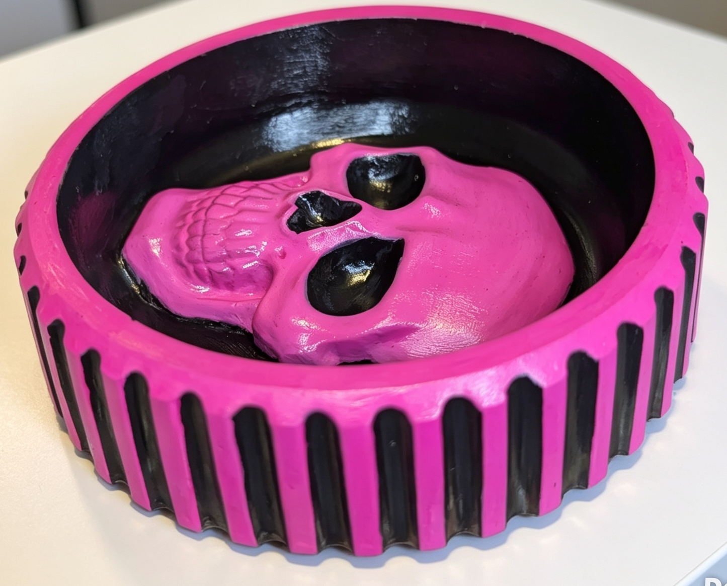 Hand cast and painted black and bright pink chunky skull round jewellery trinket