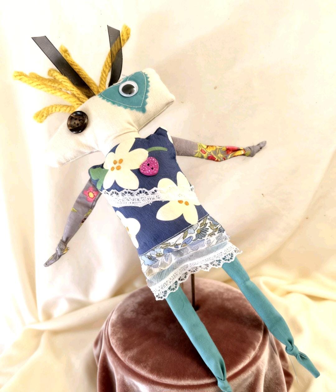 Scrappy Art Doll: 28cm Handmade Creepy Ragdoll, Green Blue, Boxed - Oh My Gothness