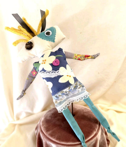 Scrappy Art Doll: 28cm Handmade Creepy Ragdoll, Green Blue, Boxed - Oh My Gothness