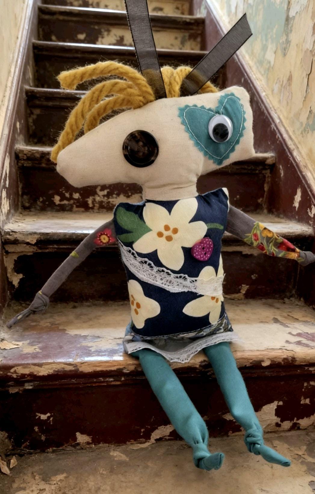 Scrappy Art Doll: 28cm Handmade Creepy Ragdoll, Green Blue, Boxed - Oh My Gothness