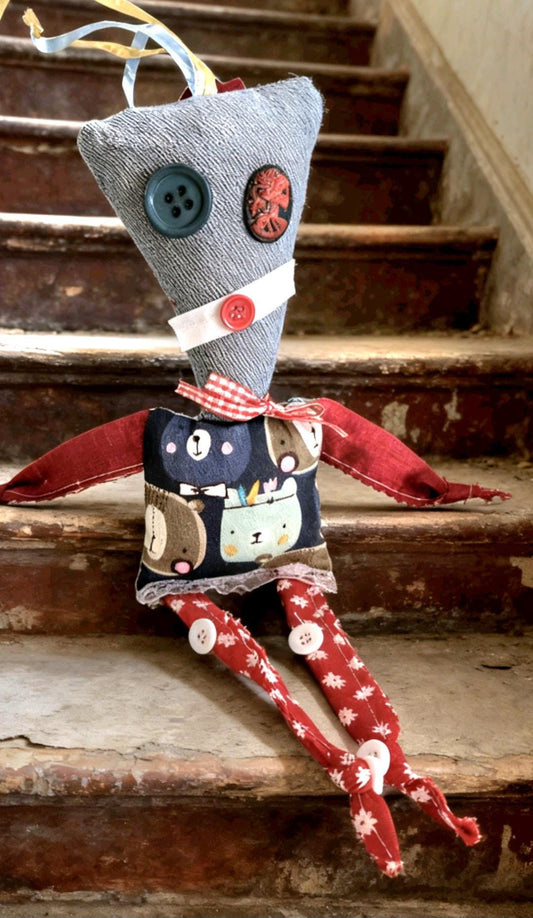 Scrappy Art Doll: 33cm Handmade Creepy Ragdoll, Denim Blue & Red, Boxed - Oh My Gothness