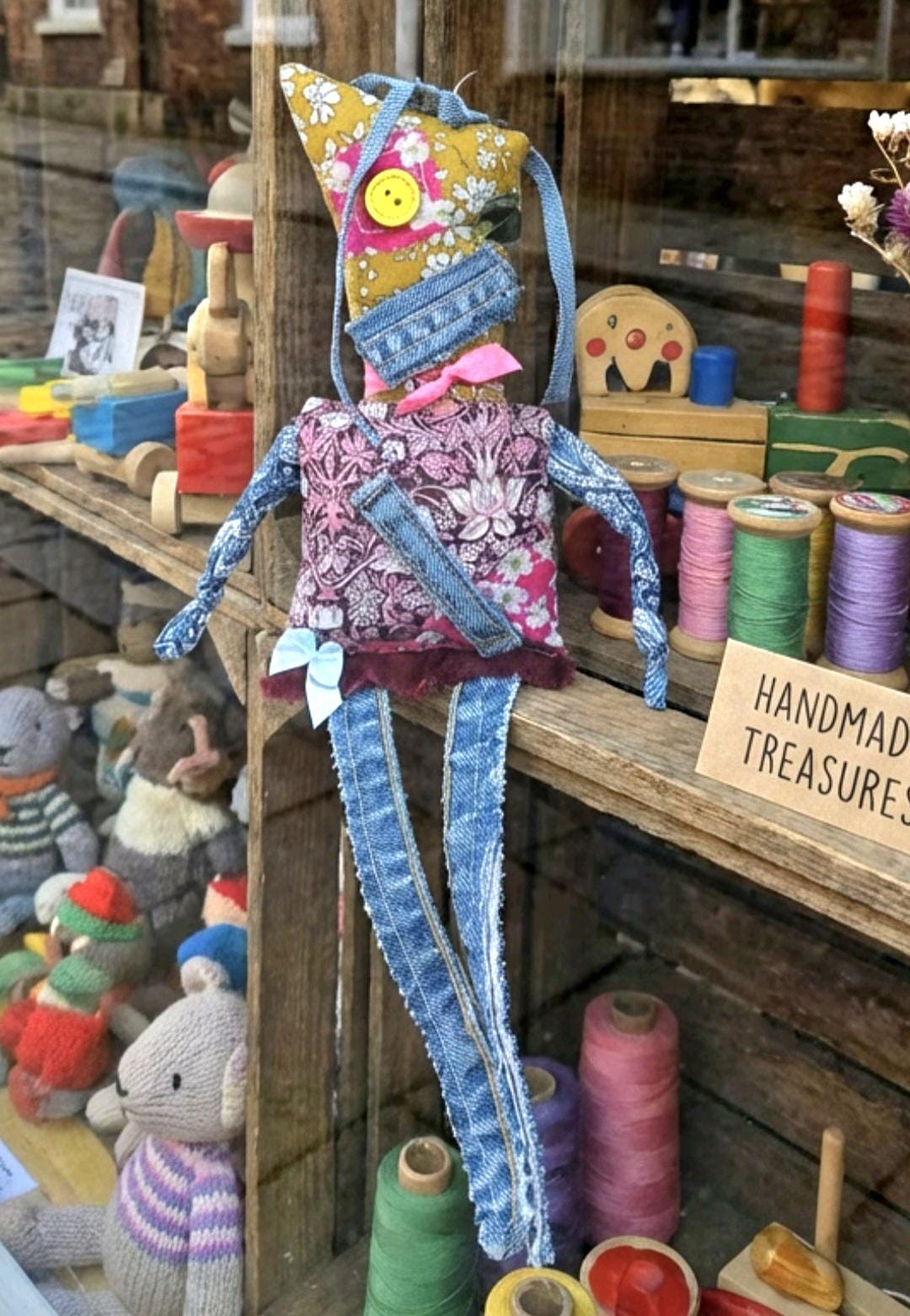 Scrappy Art Doll Libby : 35cm Handmade Ragdoll, Liberty Fabric & Denim, Boxed - Oh My Gothness
