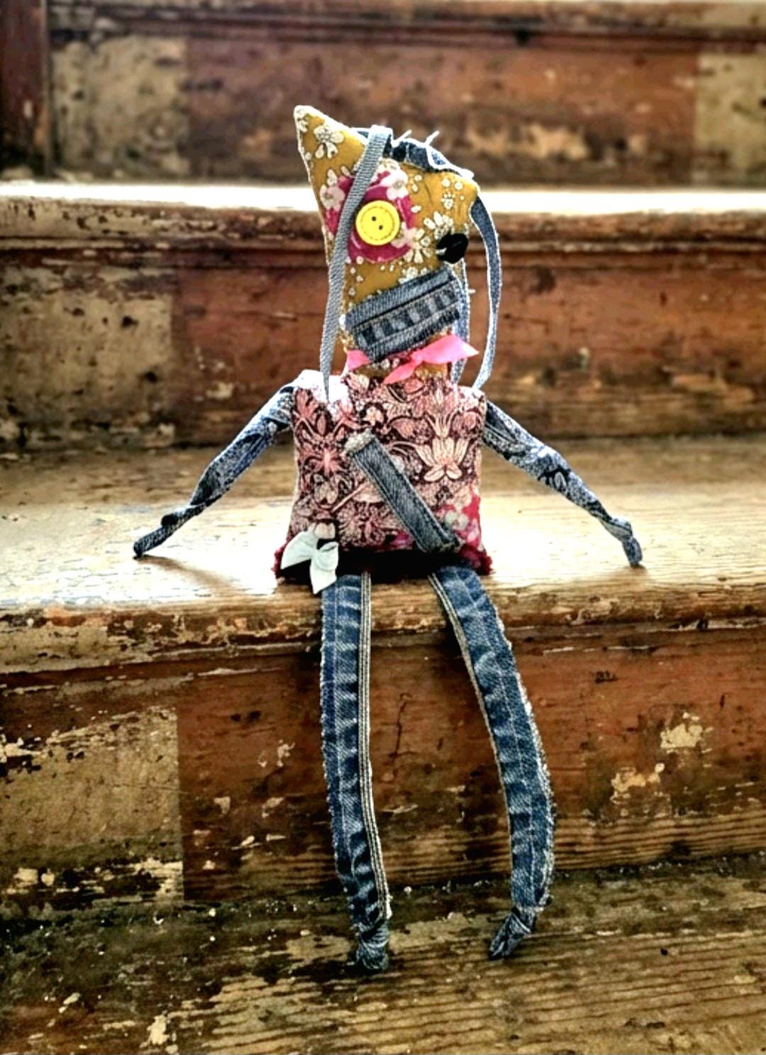Scrappy Art Doll Libby : 35cm Handmade Ragdoll, Liberty Fabric & Denim, Boxed - Oh My Gothness