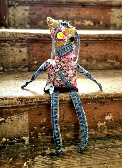 Scrappy Art Doll Libby : 35cm Handmade Ragdoll, Liberty Fabric & Denim, Boxed - Oh My Gothness