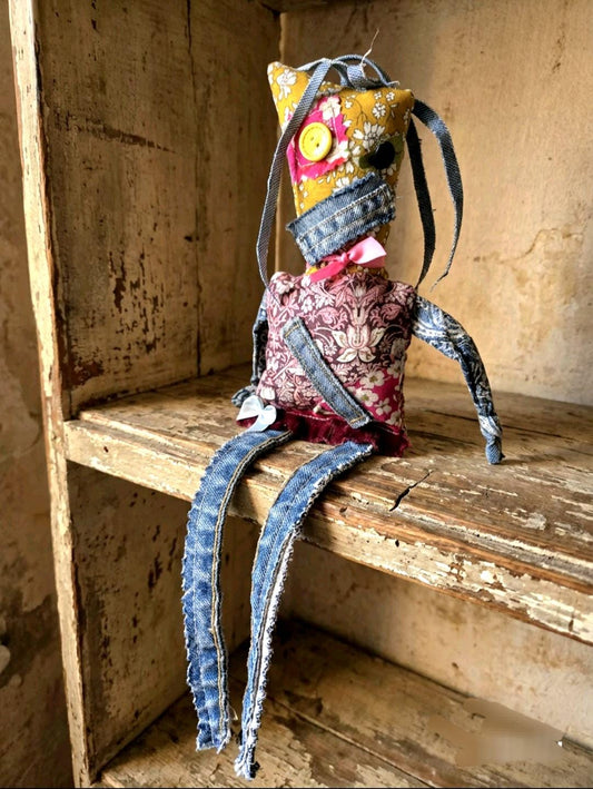 Scrappy Art Doll Libby : 35cm Handmade Ragdoll, Liberty Fabric & Denim, Boxed - Oh My Gothness