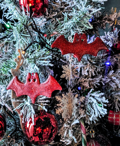 Set of 2 Red Glitter Bat Christmas Ornaments, Gothic Xmas Decor - Oh My Gothness