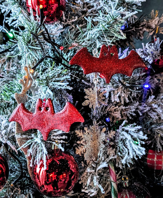 Set of 2 Red Glitter Bat Christmas Ornaments, Gothic Xmas Decor - Oh My Gothness